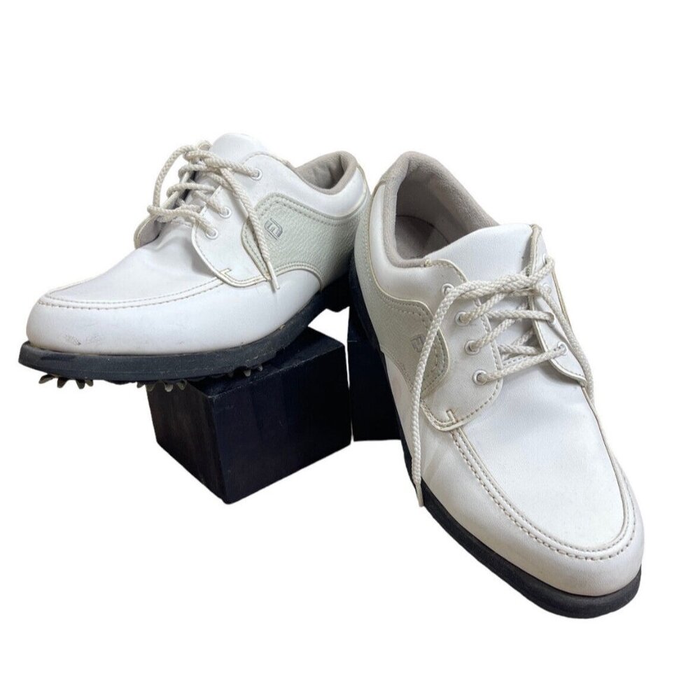 Vtg? Footjoy Women's Golf Soft Spikes White Grey Leather Low Shoes 48704 7.5M